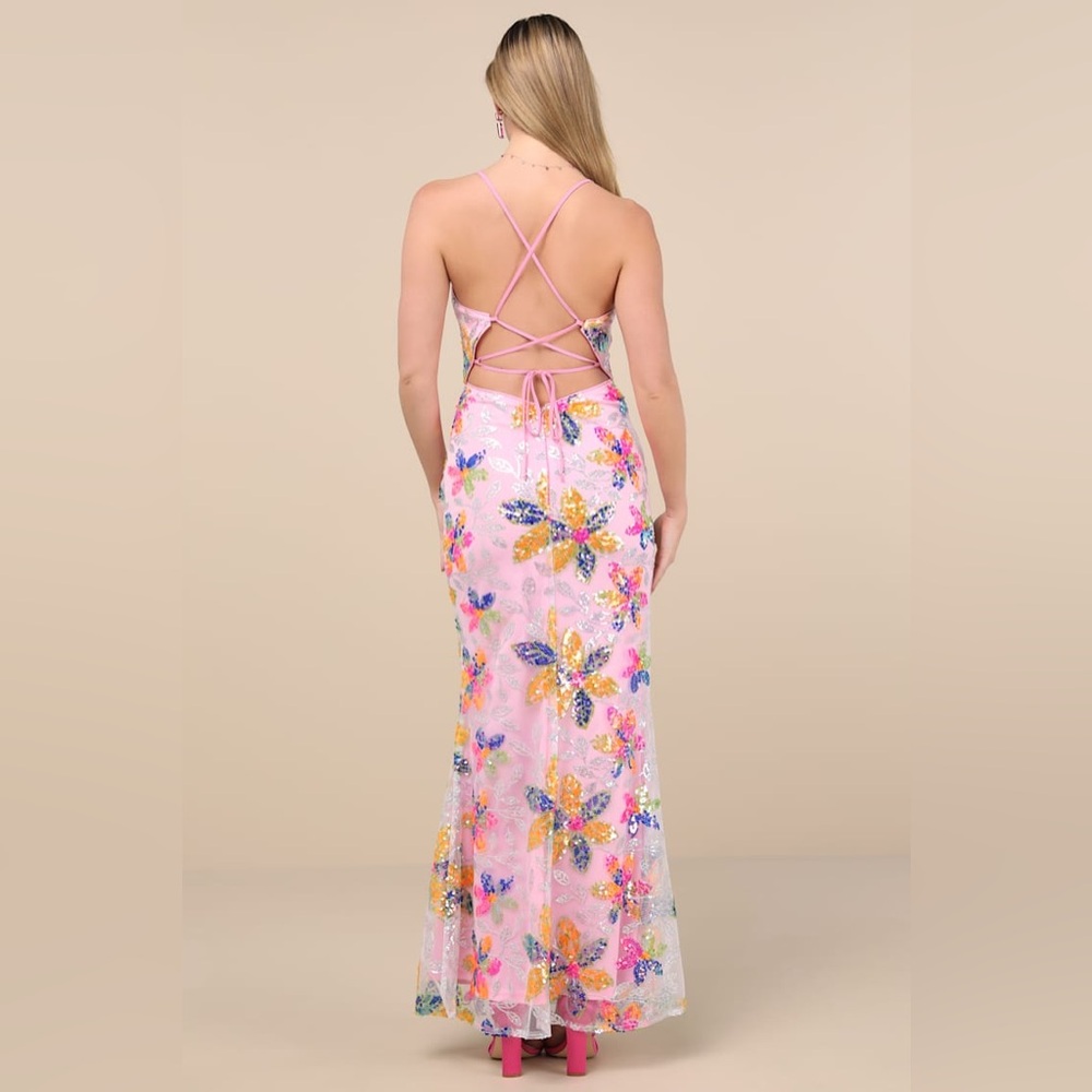Lulu's Isleen Light Pink Sequin Lace-Up Mermaid Maxi Dress - size M - Picture 2 of 6
